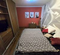 Predaj,trojizbový byt SNP, Holíč - Spálňa v 3-izbovom byte s podlahou s dreveným dekorom, červenou stenou a umeleckými portrétmi.