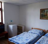 Ponúkame na predaj penzión v Poľnom Kesove - Izba s dvoma posteľami, televízorom, chladničkou a obrazom, podlaha s dreveným dekorom.