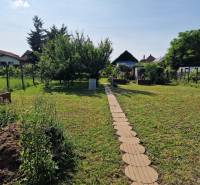 Krásny rodinný dom s rozľahlým pozemkom - Záhrada pri rodinnom dome v Dlhej nad Váhom so zeleným trávnikom a chodníkom.