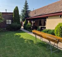 Krásny rodinný dom s rozľahlým pozemkom - Rodinný dom v Dlhej nad Váhom s trávnikom, kríkmi a drevenou lavičkou na záhrade.