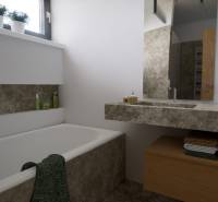 Novostavba moderného 4i domu v Hrubej Borši - Kúpeľňa s vaňou a umývadlom, obklopená prírodnými dekormi a úložným priestorom.