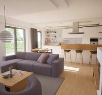 Novostavba moderného 4i domu v Hrubej Borši - Obývačka s podlahou s dreveným dekorom a kuchynským ostrovčekom v rodinnom dome.