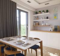 Novostavba moderného 4i domu v Hrubej Borši - Jemne osvetlená jedáleň v rodinnom dome s bielym stolom a kuchynskými doplnkami.