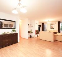 ViNi real / TOP PONUKA! Moderný 4-izb. bungalov s garážou, KVETOSLAVOV - Obývačka s krbom a svetlým nábytkom, podlaha s dreveným dekorom, Rodinný dom.