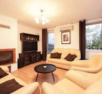 Investičná príležitosť v Kvetoslavov - DOM ideálny pre súkromnú škôlku - Obývacia izba v rodinnom dome s krbom, koženými sedačkami a podlahou s dreveným dekorom.