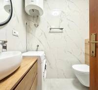 Trogir, Čiovo – pekný, zariadený apartmán len 150m od pláže - Kúpeľňa v rekreačnom apartmáne s toaletou, práčkou a umývadlom na drevenom dekore.