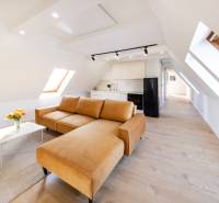  REZERVOVANY-PRENAJOM | NOVÝ 2 i. podkrovný byt v novostavbe - Obývacia izba v 2-izbovom byte s koženou sedačkou a podlahou s dreveným dekorom.