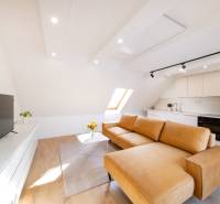  REZERVOVANY-PRENAJOM | NOVÝ 2 i. podkrovný byt v novostavbe - Obývacia izba s kuchyňou v 2-izbovom byte: veľké okno, hnedá sedačka, podlaha s dreveným dekorom.