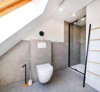  REZERVOVANY-PRENAJOM | NOVÝ 2 i. podkrovný byt v novostavbe - Kúpeľňa s toaletou a sprchovým kútom v 2-izbovom byte, pod šikmou strechou.