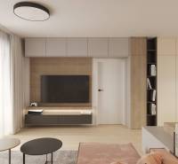 Prémiové byty s vysokým investičným potenciálom - Obývačka s TV, podlaha s dreveným dekorom, svetlé závesy, nábytok a knižnica.