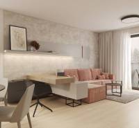 Prémiové byty s vysokým investičným potenciálom - Obývacia izba s béžovou stenou, ružovým gaučom a podlahou s dreveným dekorom.