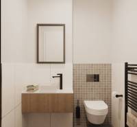 Prémiové byty s vysokým investičným potenciálom - Kúpeľňa so závesným WC, umývadlom, kúrením a zrkadlom, s dizajnovými dlaždicami.