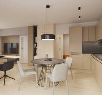 Prémiové byty s vysokým investičným potenciálom - Osvetlená obývacia izba s kuchynským kútom, moderným nábytkom a podlahou s dreveným dekorom.