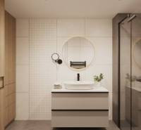 Prémiové byty s vysokým investičným potenciálom - Kúpeľňa so zrkadlom, moderným umývadlom a drevenými prvkami na úložných skrinkách.