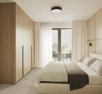 Prémiové byty s vysokým investičným potenciálom - Svetlá spálňa s posteľou, vstavanou skriňou a výhľadom na balkón cez sklenené dvere.