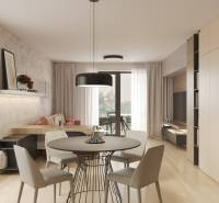 Prémiové byty s vysokým investičným potenciálom - Obývacia izba s jedálenským stolom, podlahou s dreveným dekorom a balkónom.