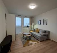 Zrekonštruovaná   garsónka s balkónom na Spartakovskej ulici v Trnave - Garsónka s pohovkou, konferenčným stolíkom a podlahou s dreveným dekorom.