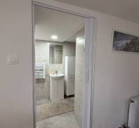 NA PRENÁJOM krásny 1 izbový apartmán so záhradou v srdci Komárna - Kúpeľňa v 1-izbovom byte s umývadlom, zrkadlom a radiátorom na stene.
