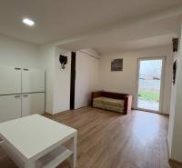 NA PRENÁJOM krásny 1 izbový apartmán so záhradou v srdci Komárna - Obývacia izba v 1-izbovom byte s nábytkom a podlahou s dreveným dekorom.