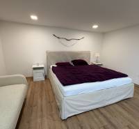 NA PRENÁJOM krásny 1 izbový apartmán so záhradou v srdci Komárna - Spálňa v 1-izbovom byte s podlahou s dreveným dekorom, posteľou a dekorativným prvkom na stene.