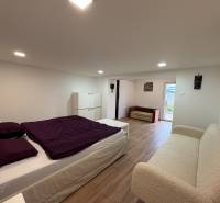 NA PRENÁJOM krásny 1 izbový apartmán so záhradou v srdci Komárna - Spálňa v 1-izbovom byte s podlahou s dreveným dekorom, jednoduchý nábytok a dekorácie.