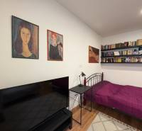 EXKLUZÍVNE na prenájom apartmán s nádychom afrického štýlu v centre KN - Jednoizbový byt s posteľou, policami s knihami a televízorom, podlaha s dreveným dekorom.