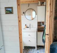 Tiny house - malý domček - Kúpeľňa v rodinnom dome s okrúhlym zrkadlom a vzorovanou dlažbou.