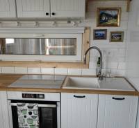 Tiny house - malý domček - Kuchynská linka v rodinnom dome s bielymi skrinkami, umývadlom a vstavanou rúrou.