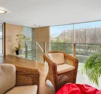 Predaj moderná 5 izbová vila, 265 m2, pozemok 953 m2, bazén,BA II. - Priestranná miestnosť s prútenými kreslami, drevenou podlahou a rastlinou na ulici Imelová.