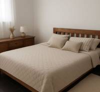 Prenájom ubytovacieho zariadenia – Šaľa Veča s kapacitou 50 osôb - Spálňa s dreveným nábytkom, posteľou a dekoračnými vankúšmi, tlmené farby.