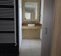 Na predaj ubytovňa / rodinný dom  v Šali  Veči s kapacitou 50 osôb - Kúpeľňa s umývadlom, mozaikou a vešiakom na osušky, podlaha s dreveným dekorom.