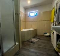 Rodinný dom s prístavbou na  podnikanie – Tešedíkovo - Kúpeľňa v rodinnom dome s vaňou, sprchovým kútom a dekorom drevenej podlahy.