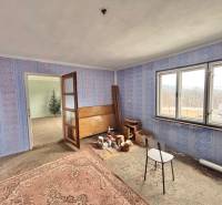 Predaj rodinného domu v Skalitom  - Izba v rodinnom dome s modrou tapetou, starým nábytkom a kobercom.