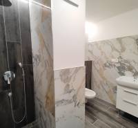  Na predaj moderný 2-izbový byt v Rezidencii Majakovského, Lučenec - Kúpeľňa v 2-izbovom byte s mramorovými obkladmi a podlahou s dreveným dekorom.