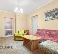 PRÍJEMNÝ 3 IZBOVÝ BYT | BOŠANY  - Obývacia izba s kobercom v 3-izbovom byte s retro nábytkom a obrazom na stene.