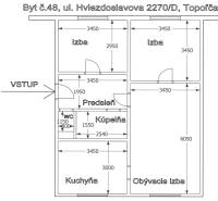 PRÍJEMNÝ 3 IZBOVÝ BYT | P.O.HVIEZDOSLAVA | TOPOĽČANY - Pôdorys 3-izbového bytu na ul. P.O. Hviezdoslava v Topoľčanoch s predsieňou a kúpeľňou.