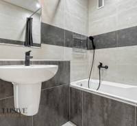 PRÍJEMNÝ 3 IZBOVÝ BYT | P.O.HVIEZDOSLAVA | TOPOĽČANY - Kúpeľňa so sprchou a umývadlom v 3-izbovom byte, obložená šedými a bielymi kachličkami.