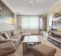 PRÍJEMNÝ 3 IZBOVÝ BYT | P.O.HVIEZDOSLAVA | TOPOĽČANY - Obývačka s pohodlnou sedačkou, televízorom a podlahou s dreveným dekorom v 3-izbovom byte.