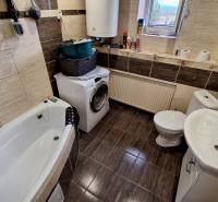 Investujte do budúcnosti - Kúpeľňa v rodinnom dome s vaňou, práčkou a dekoratívnymi hnedými obkladmi.