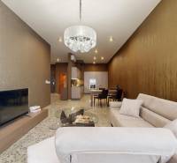RIVERS | FIVE STAR RESIDENCE _ 3i byt na prenájom - Obývacia izba v 3-izbovom byte s pohodlnou sedačkou, lustrom a televízorom.
