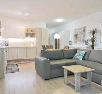 ANTOLSKÁ, 2-i byt, 54 m2 – novostavba REZIDENCIA DRAŽDIAK, zariadený - Obývacia izba s kuchynským kútom a podlahou s dreveným dekorom v 2-izbovom byte.