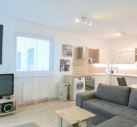 ANTOLSKÁ, 2-i byt, 54 m2 – novostavba REZIDENCIA DRAŽDIAK, zariadený - Obývacia izba s kuchynským kútom, sedačkou a podlahou s dreveným dekorom v 2-izbovom byte.