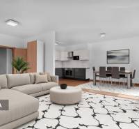 3-izb.byt, 104m2, 2xPARKING, KLIMATIZÁCIA, BALKÓN, CUBICON - Obývacia časť v 3-izbovom byte s pohodlnou sedačkou a kuchyňou s podlahou s dreveným dekorom.