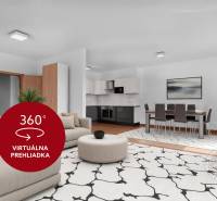 3-izb.byt, 104m2, 2xPARKING, KLIMATIZÁCIA, BALKÓN, CUBICON - Obývacia izba v 3-izbovom byte so sedačkou, jedálenským stolom a kuchynskou linkou.