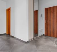 3-izb.byt, 104m2, 2xPARKING, KLIMATIZÁCIA, BALKÓN, CUBICON - Chodba s tmavou dlažbou, dvere s dreveným dekorom, spojená s obývacou izbou.