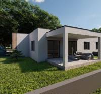 Novostavba 4-izbového rodinného dvojdomu v obci Žihárec - Rodinný dom v Žihárci s terasou a záhradou, obklopený zeleňou a autami.