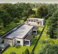 Novostavba 4-izbového rodinného dvojdomu v obci Žihárec - Rodinné domy v Žihárci obklopené zelenými stromami, s bazénom a príjazdovou cestou.