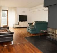 Na predaj rodinný dom na Súľovskej 56 v Bratislave - Obývacia izba s krbom, televízorom a podlahou s dreveným dekorom v rodinnom dome.