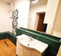 Rodinný dom po čiastočnej rekonštrukcii - Kúpeľňa v rodinnom dome s podlahou s dreveným dekorom a sprchou.