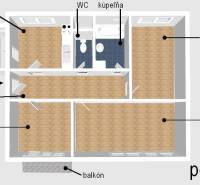 3-izbový byt so záhradou a garážou – Sadová ulica, Piešťany - Pôdorys 3-izbového bytu s podlahou s dreveným dekorom, kuchyňou a balkónom.